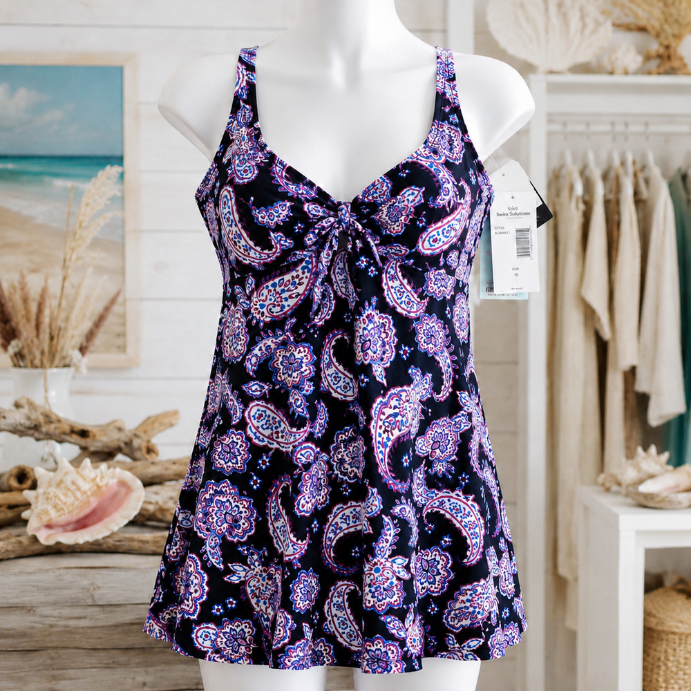 NWT Swim Solutions Paisley Bow Front Swim Dress Sz 16 Black Multi Tummy Control